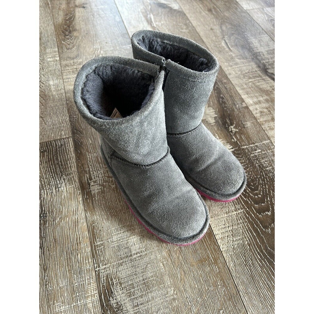 Bearpaw Elle Toddler Girls Size 11 Gray Pink Sole Ankle Fur Leather Booties